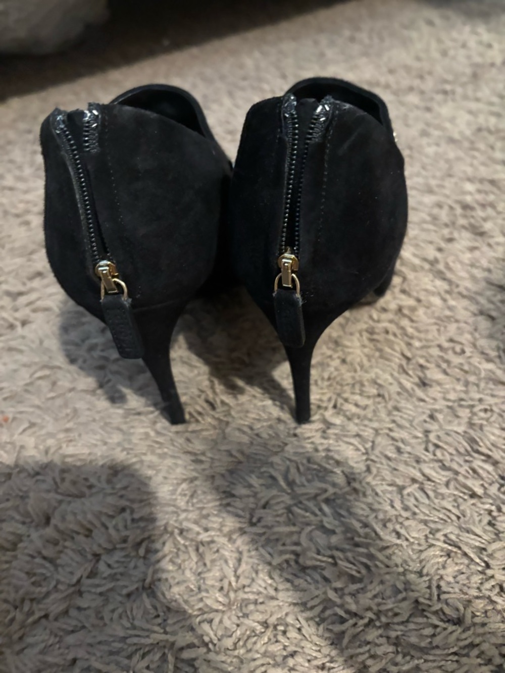 Women’s Black Suede Peep-Toe Heels with Gold Accent - Picture 7 of 8